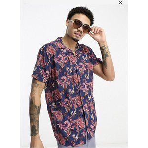 New ASOS Design Club Shirt Men's Navy and Burgundy Paisley Print - Size - LARGE